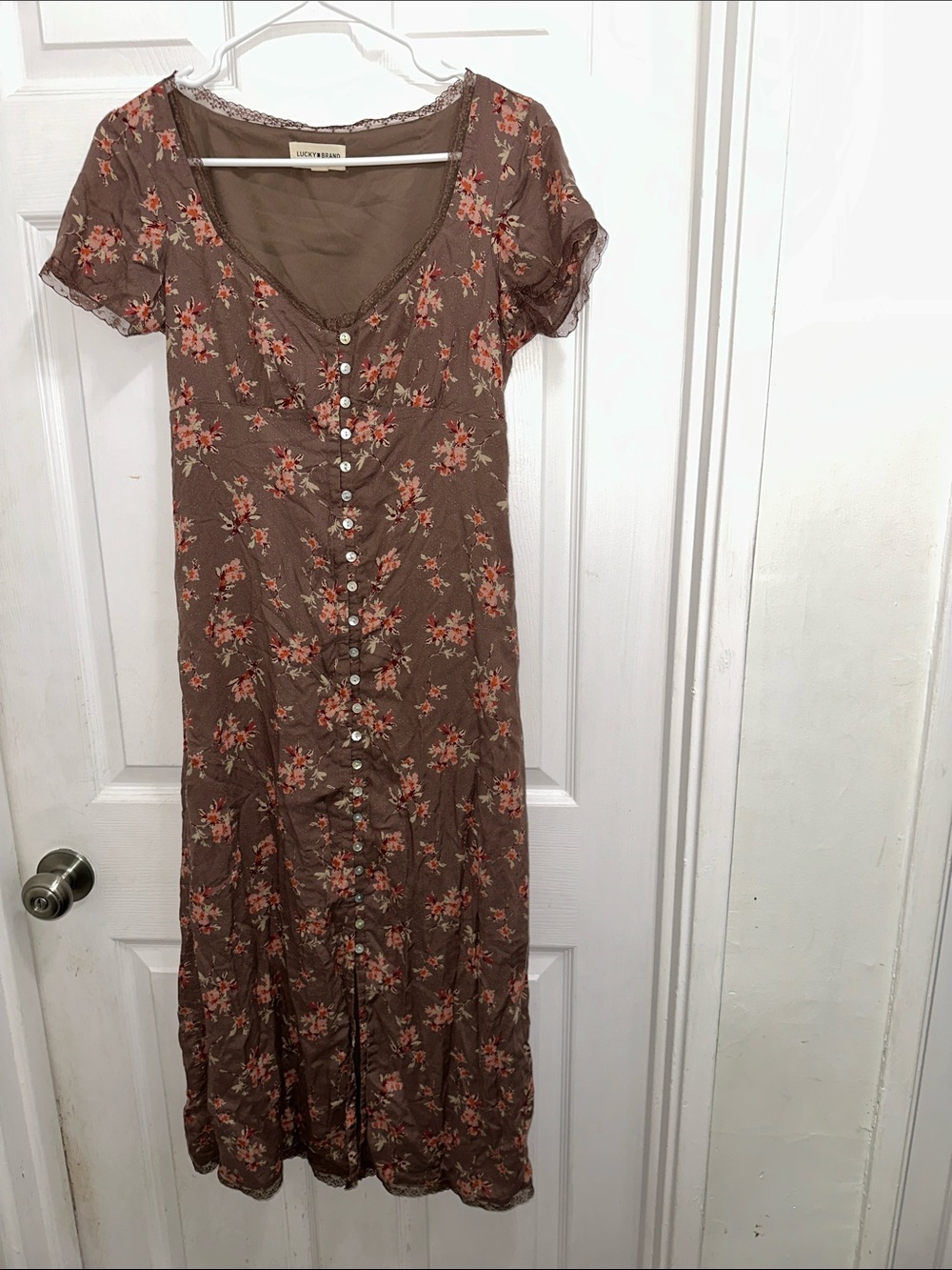 Lucky Brand Brown Midi Dress Delicate Lace Trim with Pink Floral Print Tie Back
